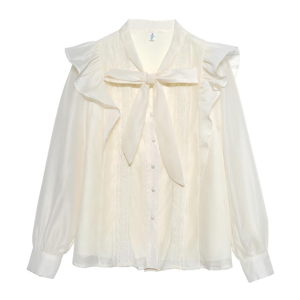 Fashion New 2024 Autumn Long Sleeve Bow Collar Casual Apricot Ruffles Chiffon Blouse Shirt Women Tops Blouses Shirts J514