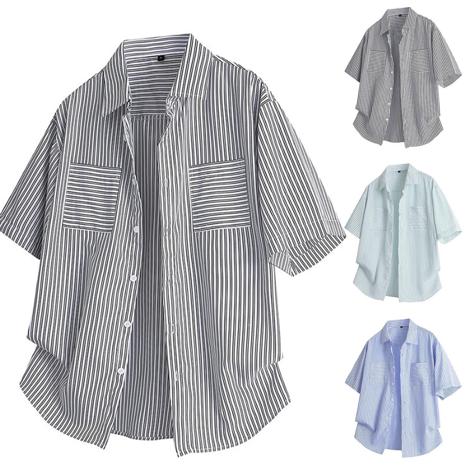 

Men s Summer Short Sleeve Striped Shirt Casual Button Pocket Shirt Tops L чорний