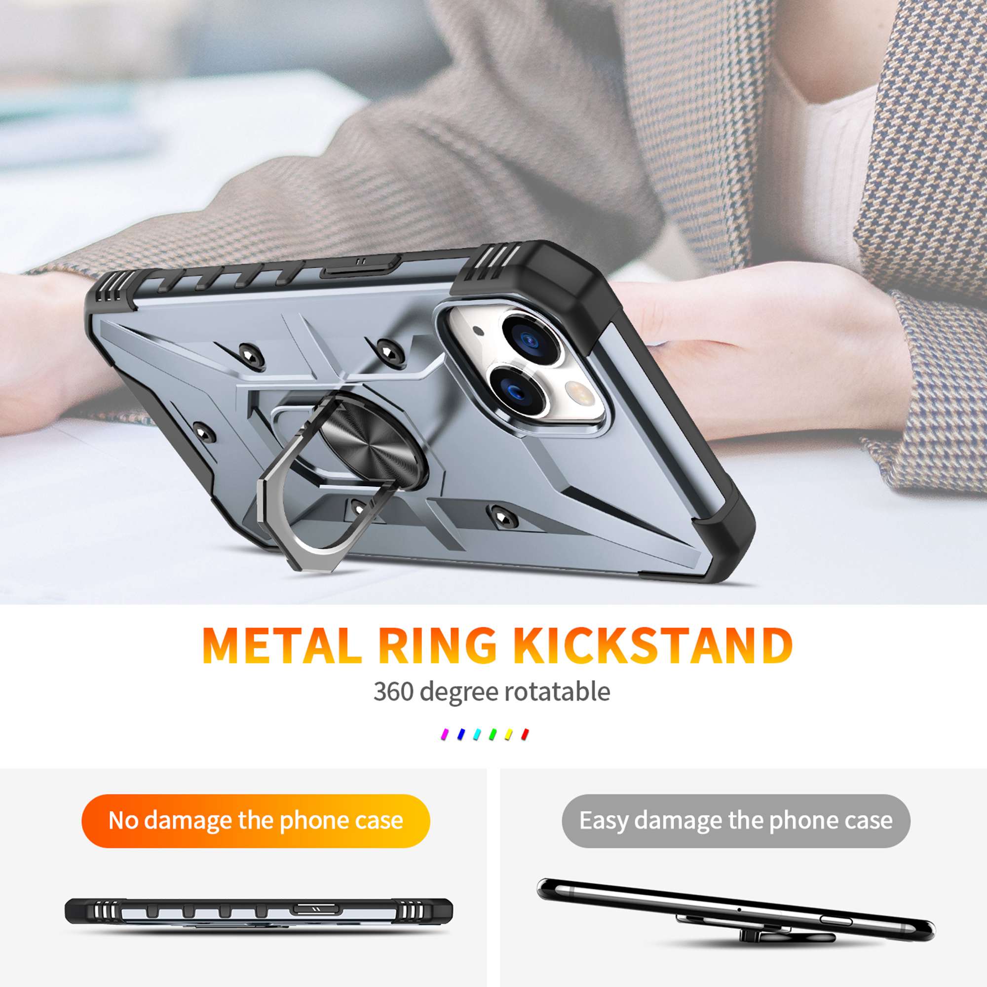 

For iPhone 14 Ring Holder Kickstand Case Hard PC Soft TPU Military Grade Shockproof Car Mount Cover Black