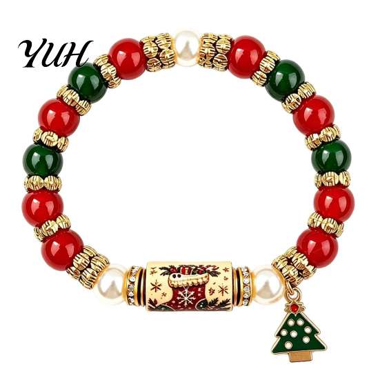 Alloy Beaded Jewelry for Christmas Bracelet, Elastic Stretch Bracelet with Xmas Holiday Collection Tree Charm, Gifts Women Men Festive Santa