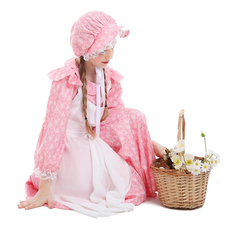 Halloween Floral Farm Dress Girls Long Sleeve Medieval Maid Costume Outfit