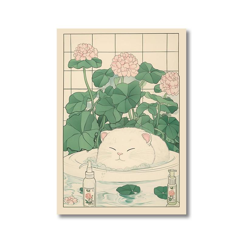 Gatto Tigrato Giapponese nella Vasca da Bagno Stampe Poster Pittura su Tela Estetica Retrò Arte da Parete Immagine Japandi Bagno Toilette Decorazione Casa