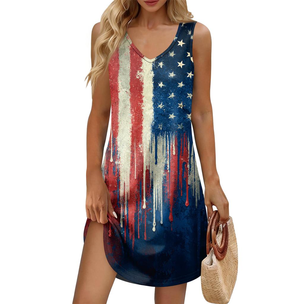 Women's Summer Casual Sun Skirt With Pocket V-Neck Independence Day Printed Loose Vest Dress