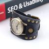 Mens Punk Style Vintage Leather Bracelet Watch With Rivets Wide Cuff Band Casual Fashion