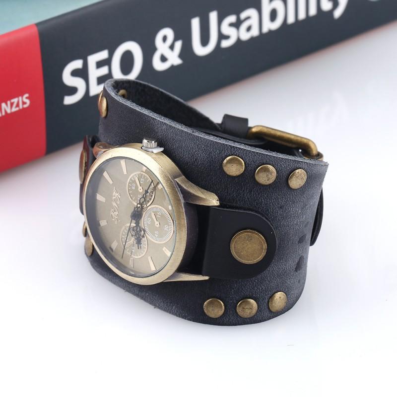Mens Punk Style Vintage Leather Bracelet Watch With Rivets Wide Cuff Band Casual Fashion