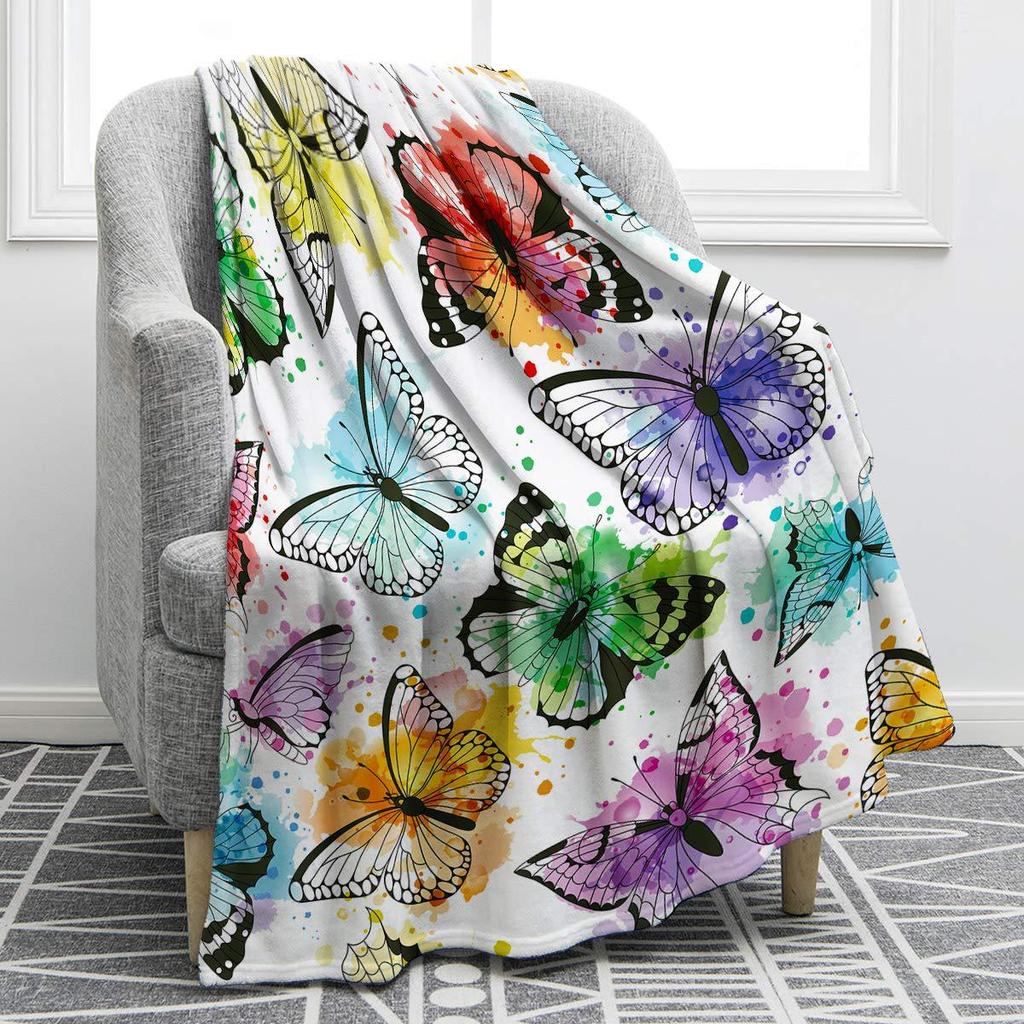 Purple Butterfly Flannel Blanket Watercolor Pattern Blanket Home Office Nap Blanket Air Conditioning Blanket