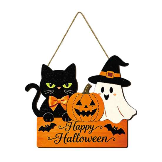 Halloween Wooden Door Sign with Hemp Rope Lanyard, Pumpkin Ghost Printed Hanging Solid Wood Festive Plaque, Front Wall Art for Porch Party Decorative