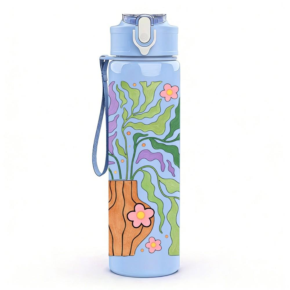 1PC Green Purple Abstract Leaf Pattern Print 750ml Color Plastic Sports Water Bottle Leakproof Flip Straw Lid Suitable for Sports Office Home Use