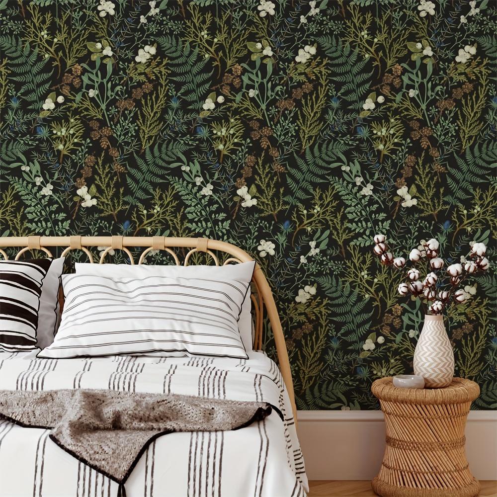 1roll Green Plant Flower Self Adhesive Wallpaper Removable Black Background Wallpaper Decorative Stickers for Living Room Bedroom Wall Furniture