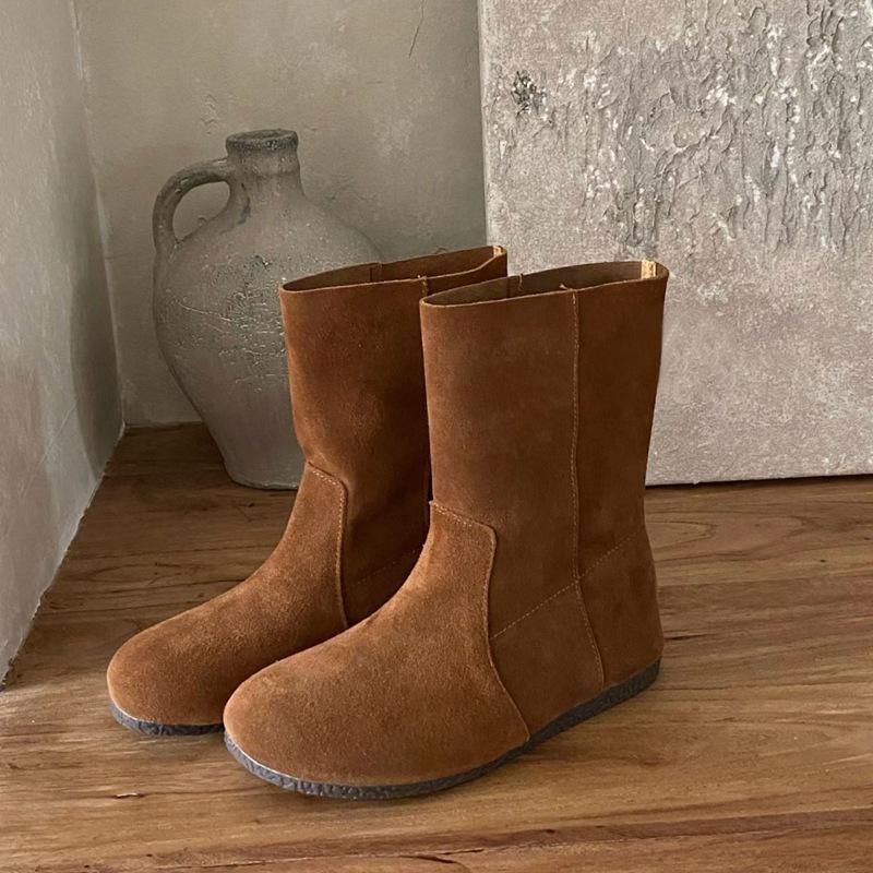 Retro leather boots comfortable flat-bottomed short boots round-toed Martin boots new soft-soled wide boots in autumn and winter