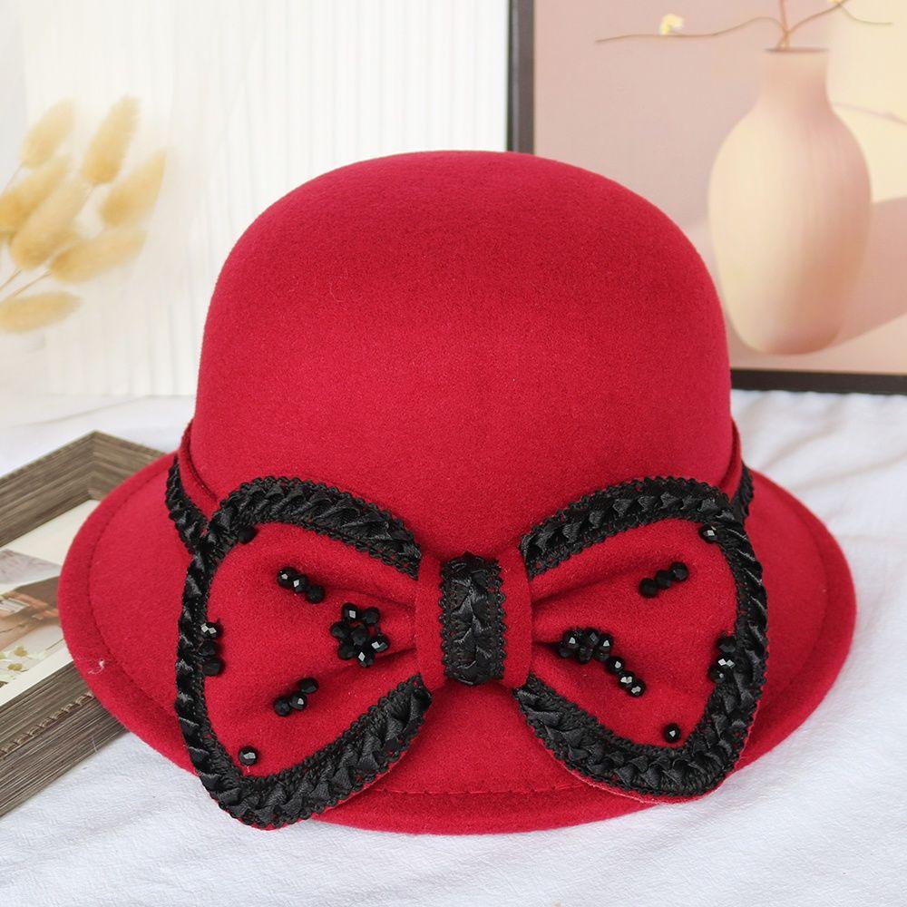 Bow Autumn and Winter Ladies Hat Wool Fashion Winter Top Hat Basin Hat Bucket Hat British Retro
