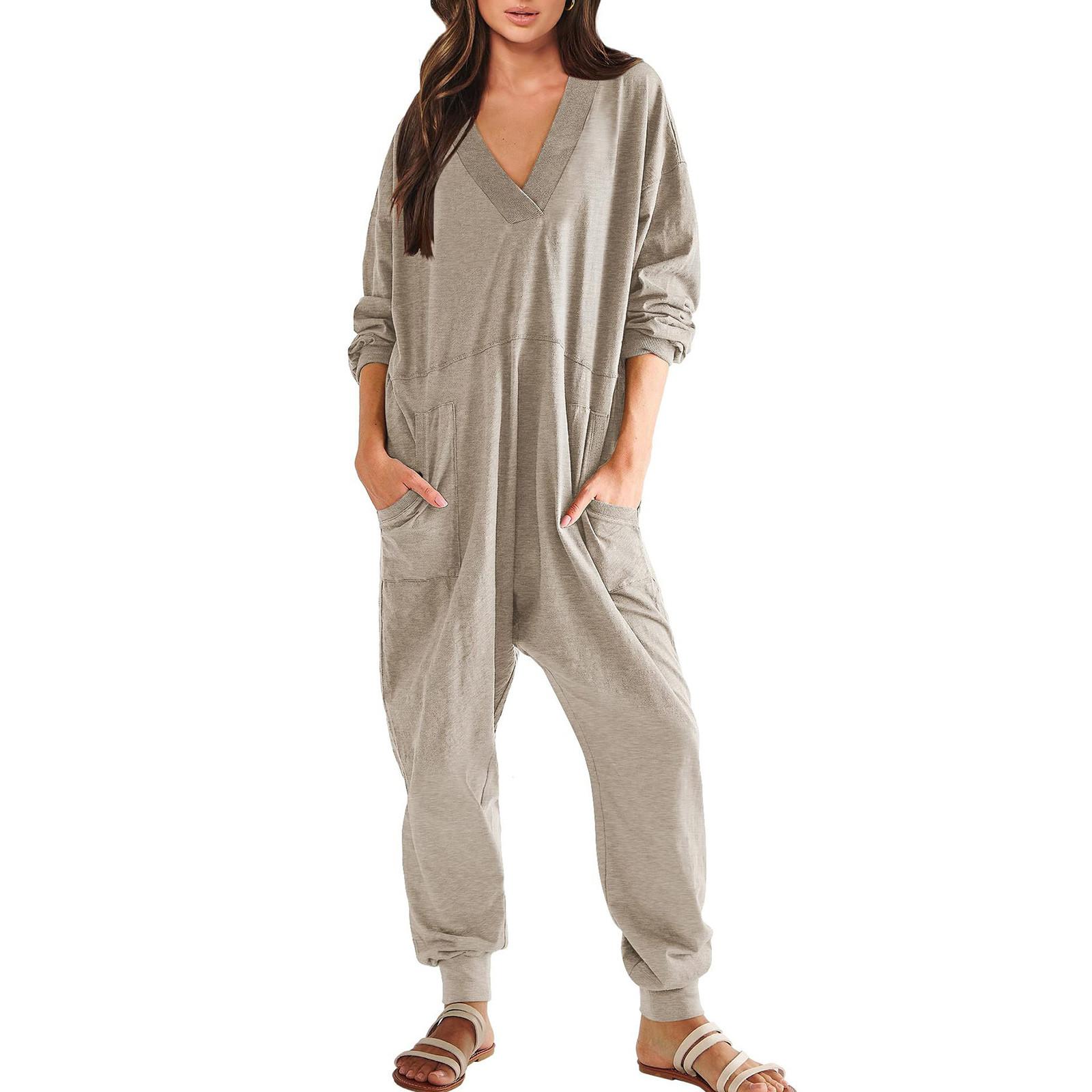 

Женский модный свободный повседневный однотонный комбинезон с длинным рукавом и v-образным вырезом XXL хаки