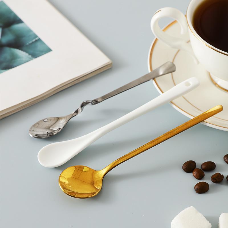 304 Stainless Steel Long Handle Coffee & Dessert Spoon, Ceramic Small Soup & Stirring Spoon for Fruit & Yogurt