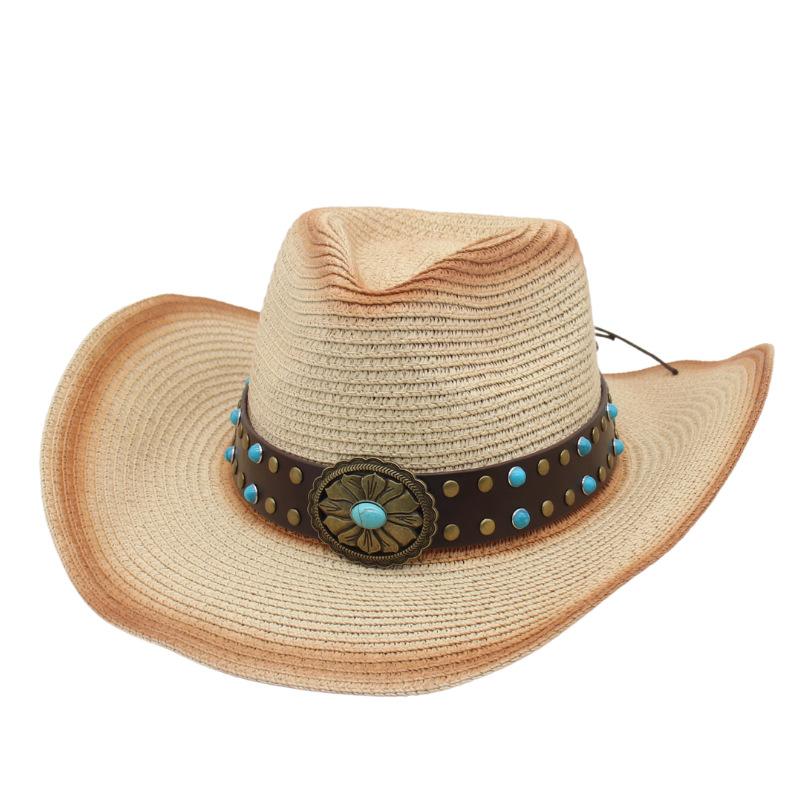 Turquoise Totem Hollow Straw Hat Female Summer Outdoor Travel Shading Mountaineering Western Cowboy Straw Hat Male