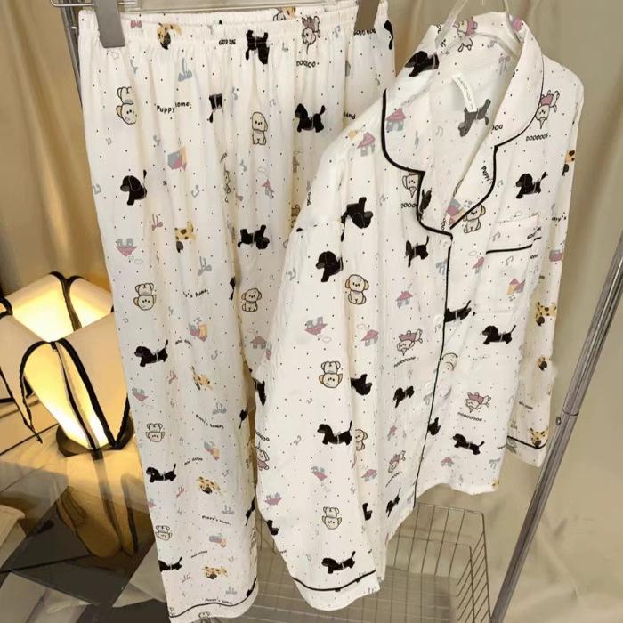 Women's Spring & Autumn Cloud Cotton Pajama Set - Thin Print & Embroidery, Loose Fit, Long Sleeve & Pants Home Wear.