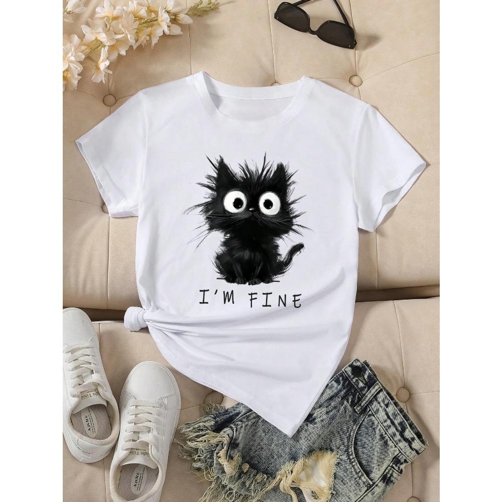 

Women s Cute Cat Pattern Short Sleeve T-Shirt Round Neck Tshirt Tops Cool Printed Female Harajuku Casual S