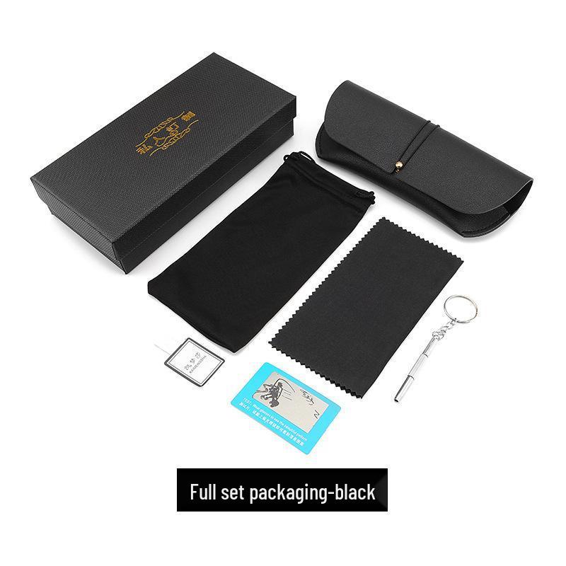Luxury Leather Eyeglass Kit: Soft Case, Cleaning Cloth, Pouch, Screwdriver, Strap, and Buckle.