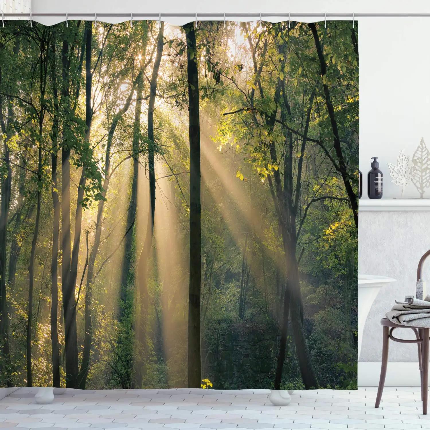 

Trees Forest Sunlight Shower Curtain Attractive Countryside Nature Landscape Bathroom Decor Waterproof Fabric Bathtub Screen W60H190(CM)-1 Pcs