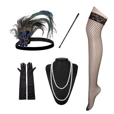 1Set 1920'S Flapper Cosplay Kostuum Veren Hoofdband Parelketting Armband Kousen Lange Handschoen Gatsby Masquerade Accessoires