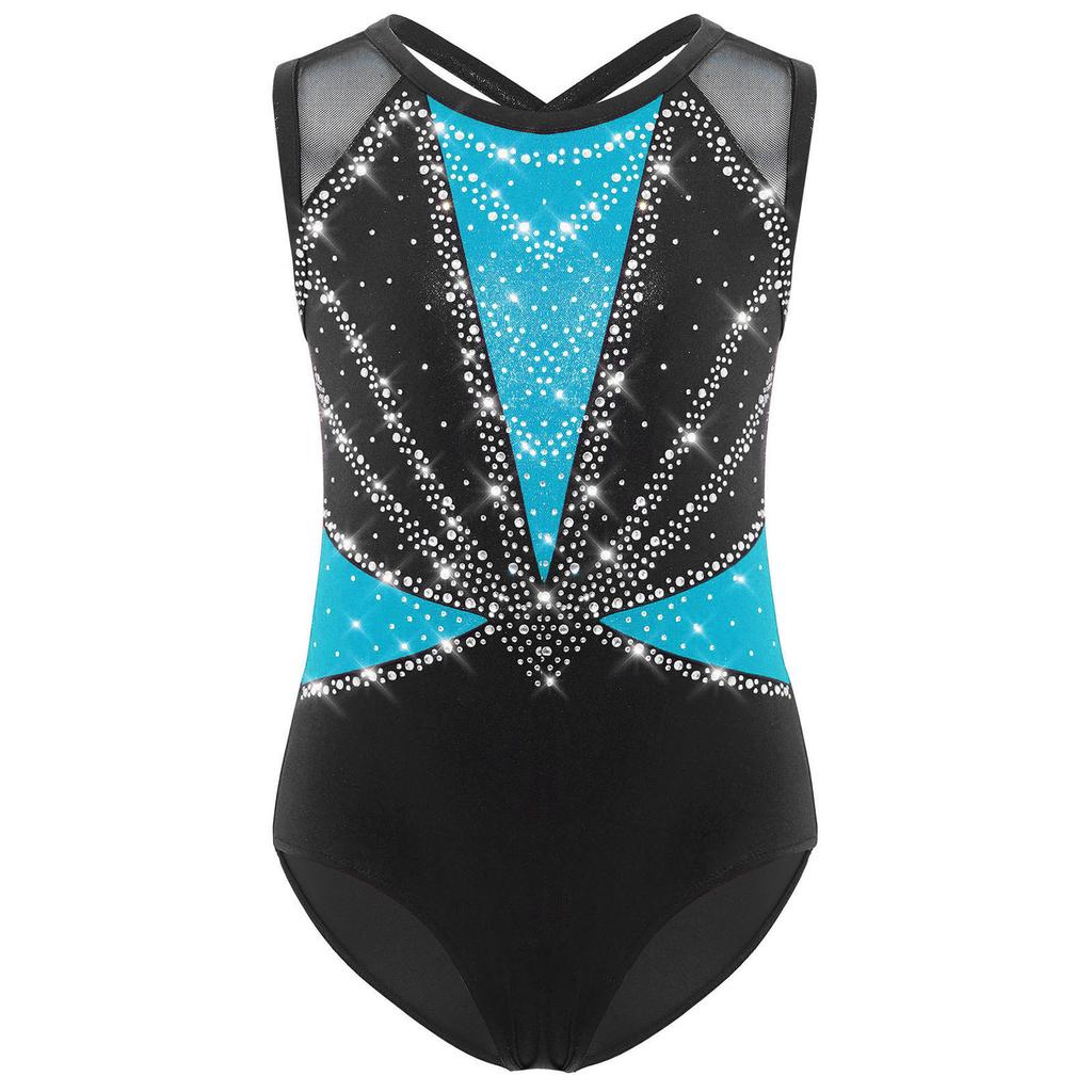 Mädchen Tanz Gymnastik Turnanzug Ärmellos Überkreuzter Rücken Glänzende Strasssteine Farbblock Performance-Kleidung