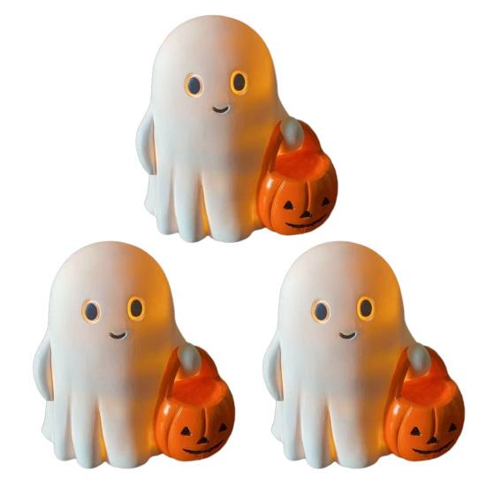 2/3Pcs Halloween Ghost Statue Holding Pumpkin Cartoon Ghost Resin Statue Figurine Sculpture Holiday Party Decoration Ornament