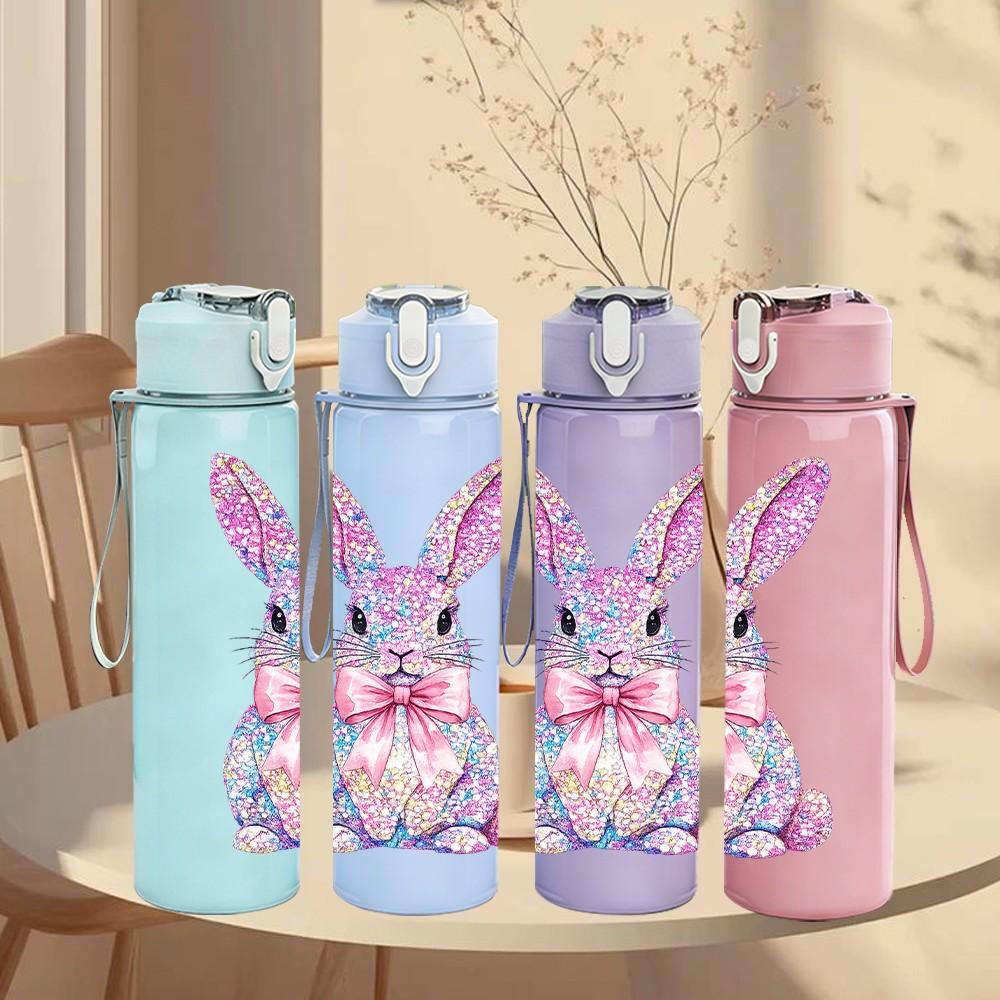 1PC Soft Pink Floral Bunny Rabbit Print 750ml Color Plastic Sports Water Bottle Leakproof Flip Straw Lid Suitable for Sports Office Home Use