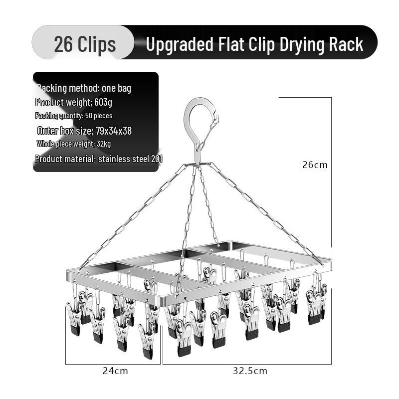 Stainless Steel Multi-Clip Drying Sock Hanger - 26 Clips