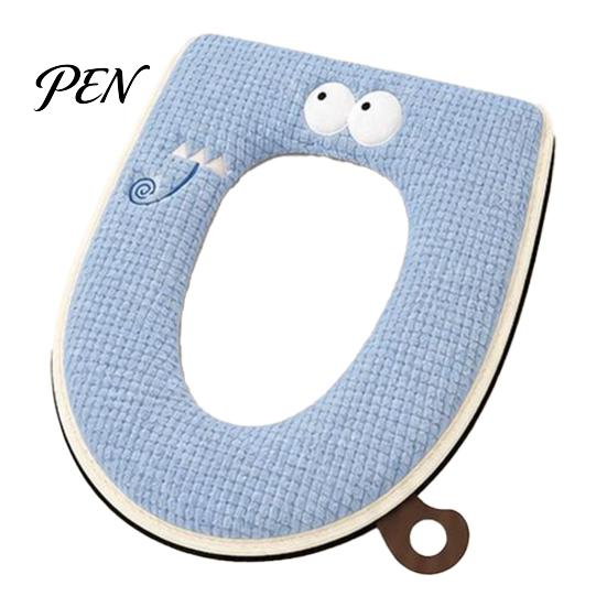 Hygienic Toilet Seat Lifter Zippered Cover with Handle, Warm Soft Jacquard Suede Cushion Mat, Cartoon Pattern Washable Bathroom Pad for Most Standard