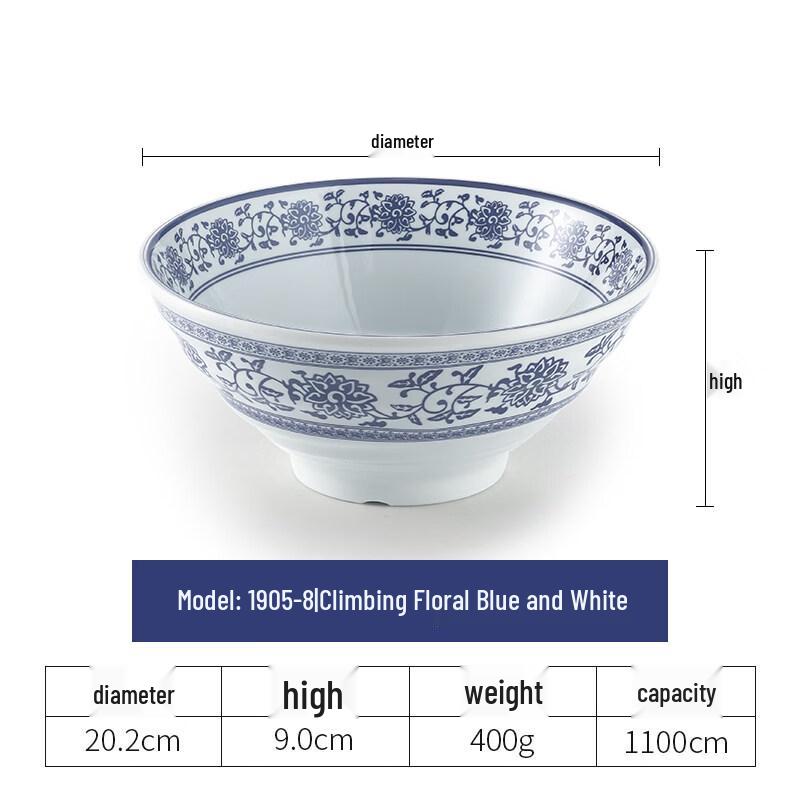 Melamine Blue and White Porcelain Style Ramen Bowl