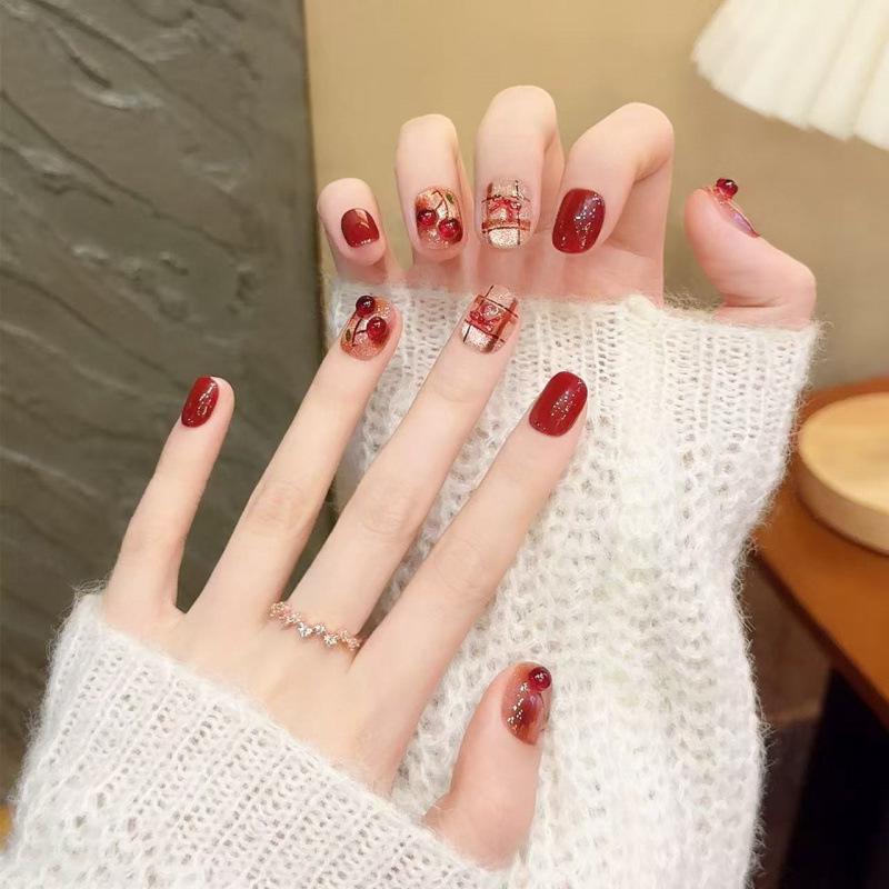 Red Cherry Cat Eye Short Nail Art Stickers - Handmade Wearable Nails 2025