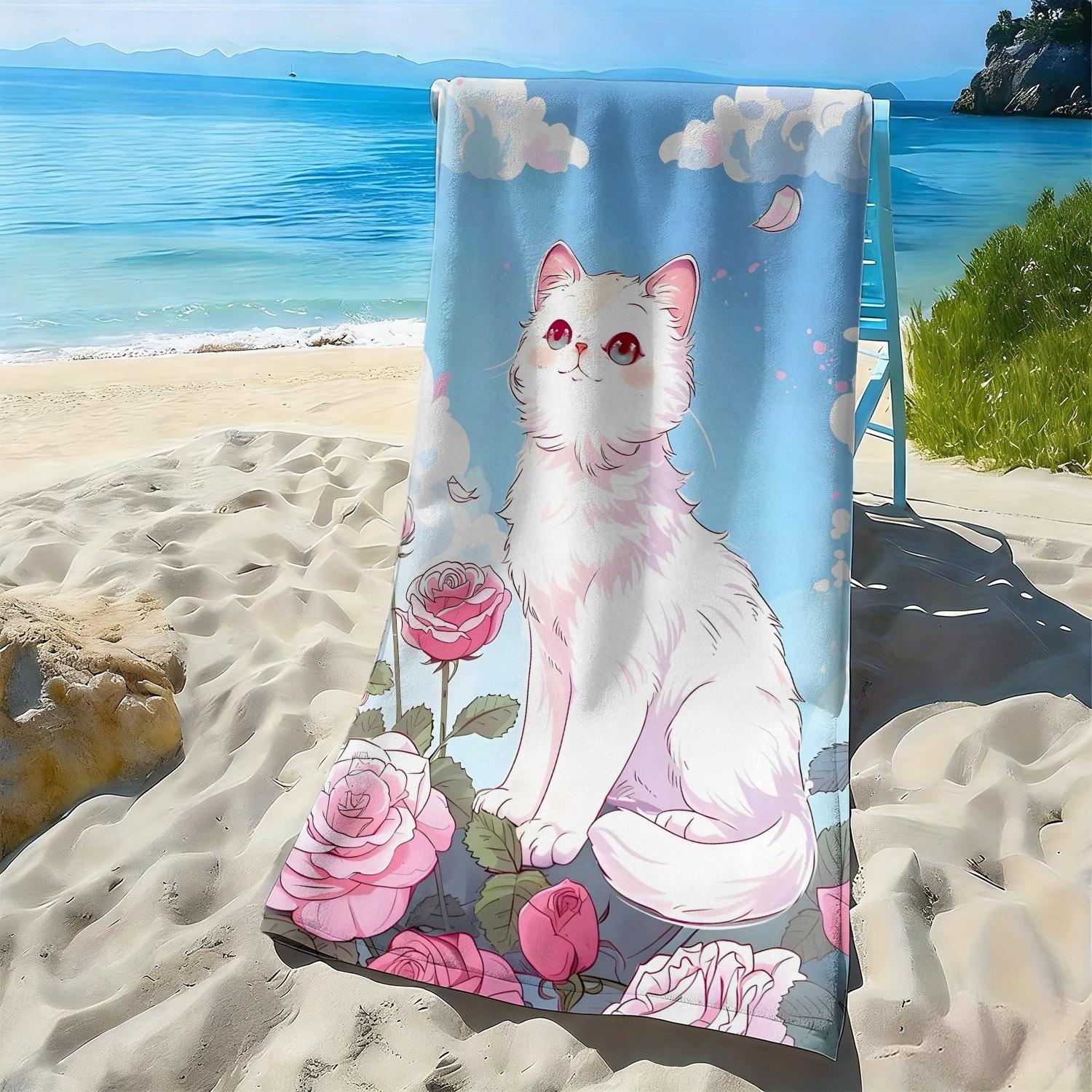 

Dreamy cartoon cat with rose pattern polyester microfiber beach towel is highly absorbent, suitable swimming and beach outings W30*H60(CM)