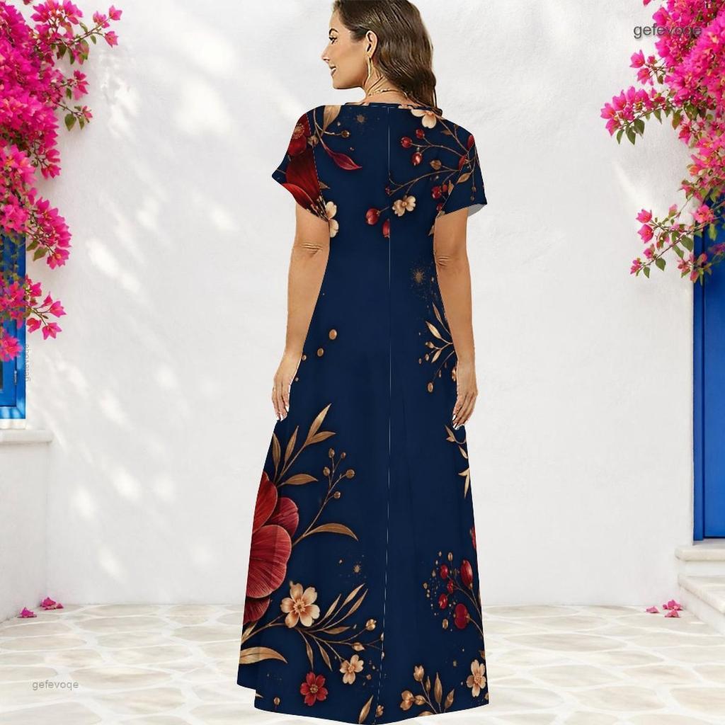 Women Plus Size V Neck Short Sleeve Printed Navy Blue Straight Maxi Dress