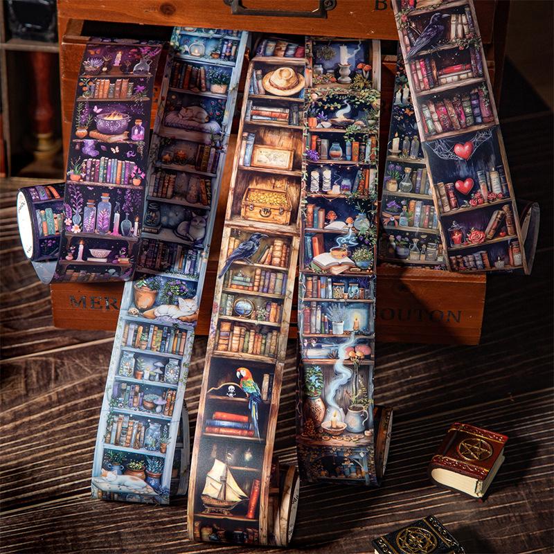 Dark Magic Bookcase Pet Tape Set With Clip, Waterproof Gothic Scrapbook Sticker Rolls