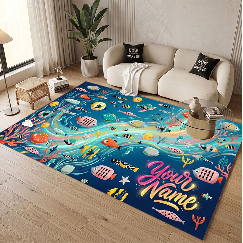 Fish Ocean Theme Soft Crystal Velvet Rug Custom Name & Text Print Non Slip Floor Rug for Bedroom Living Room