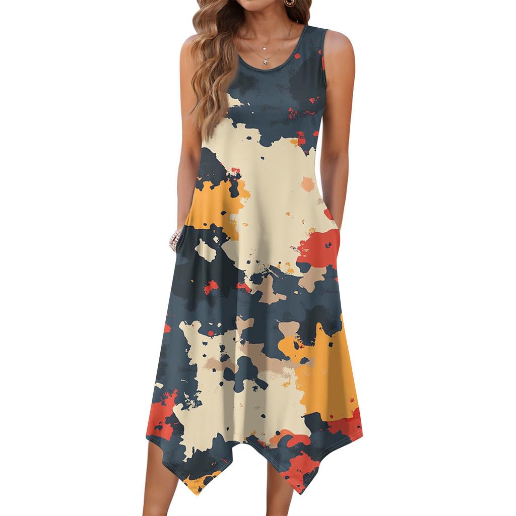 Women Casual Sleeveless Summer Dresses  Spring Crewneck Patchwork Boho Floral Ruffle Cocktail Party Midi Dress