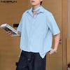 INCERUN Oversized Men Tie Up Neck Short Sleeve Solid Color Casual High Low Shirts