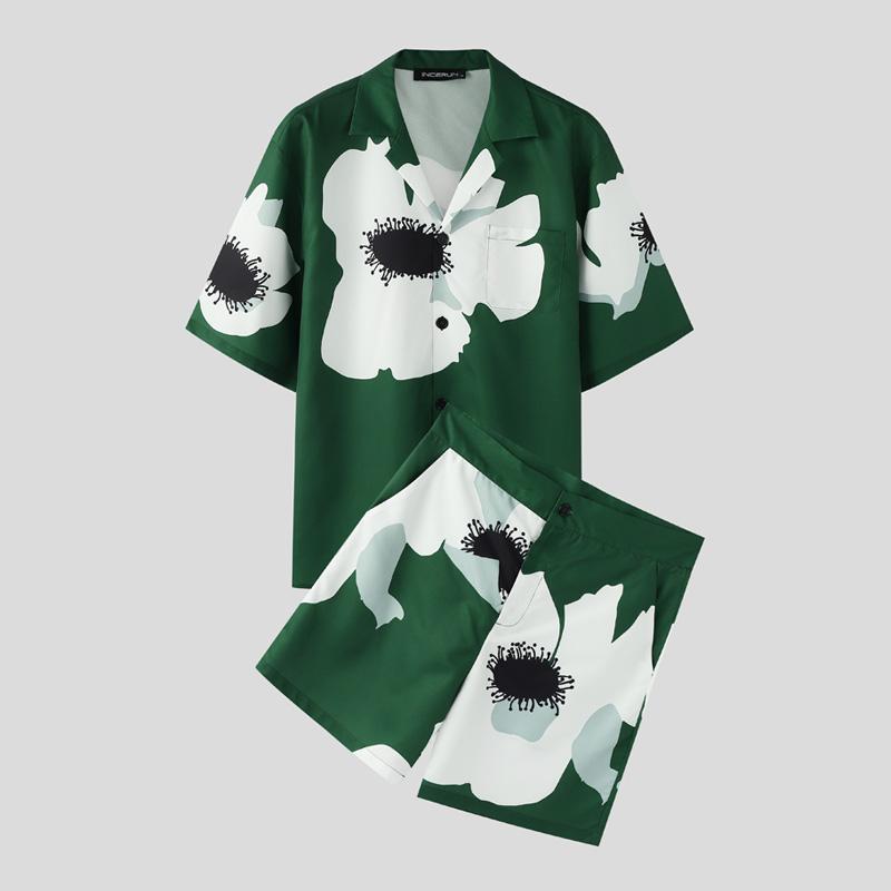 

INCERUN Two Piece Suit Men Lapel Short Sleeve Shirts Shorts Floral Print Hawaiian Sets 4XL зелёный