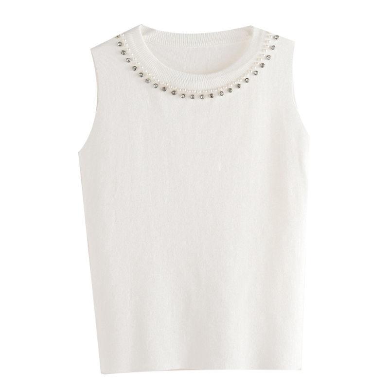 Dámské pletené korálkové tílko s kulatým výstřihem, spodní košilka, dámská móda, jaro léto, pletené spodní tričko, jednobarevné bez rukávů, slim topy