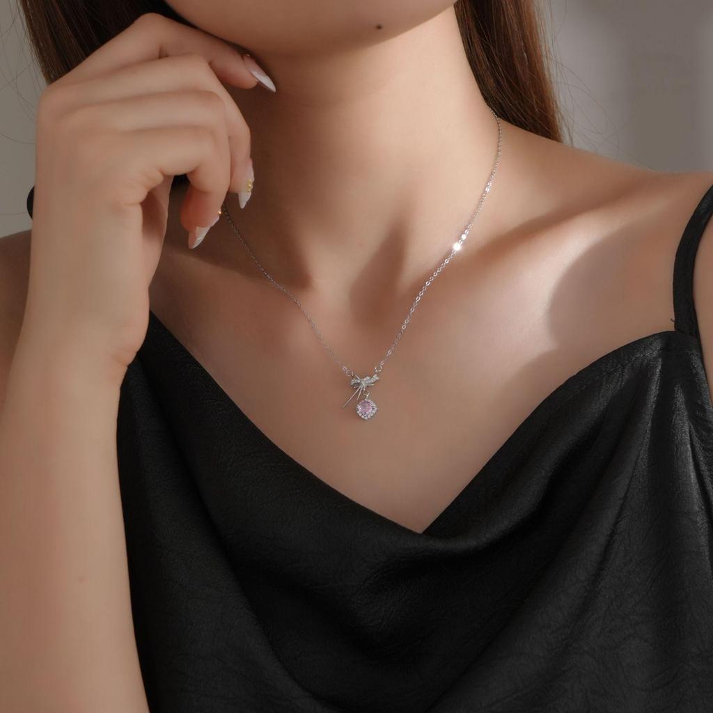 S925 Sterling Silver Zirconia Bow Necklace, Sweet Fairy Style Gift for Women.