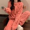 Coral Fleece Jacquard Pajamas Set Women Autumn Winter Fleece Thickened Warm Crew Neck Cable Knit Loungewear Wearable Outside