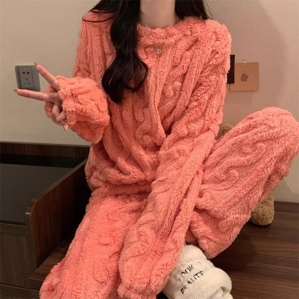 Coral Fleece Jacquard Pajamas Set Women Autumn Winter Fleece Thickened Warm Crew Neck Cable Knit Loungewear Wearable Outside
