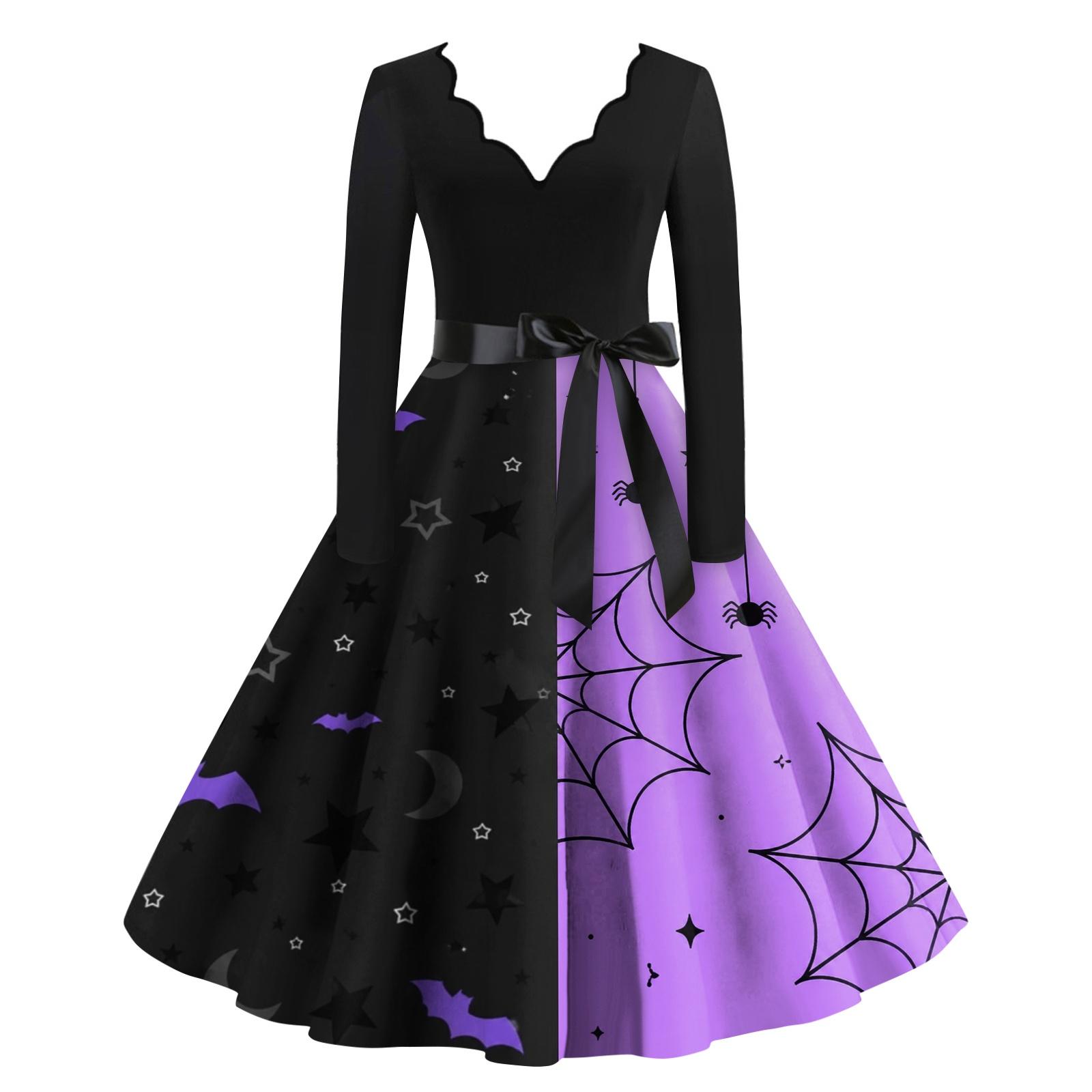 Women s Halloween Print V Neck Long Sleeve Casual Party Dress XXXXXL
