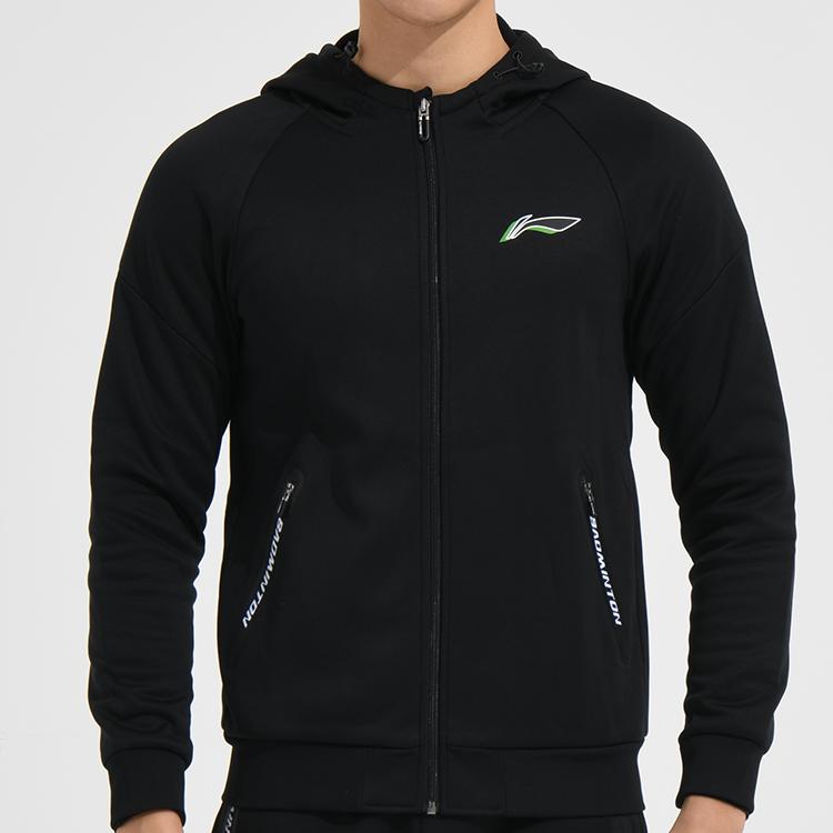 Li Ning Badminton Series Logo Print Zipper Fleece Long Sleeve Hoodie Men Hoodies Black AWDSA03-2