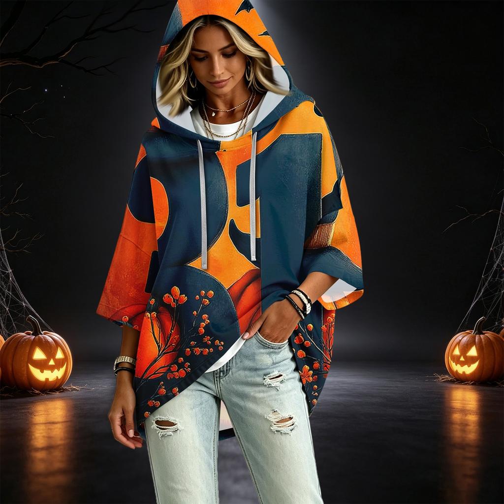 Women's Fashionable Three-Quarter-Sleeve Halloween-Printed Hooded Pullover