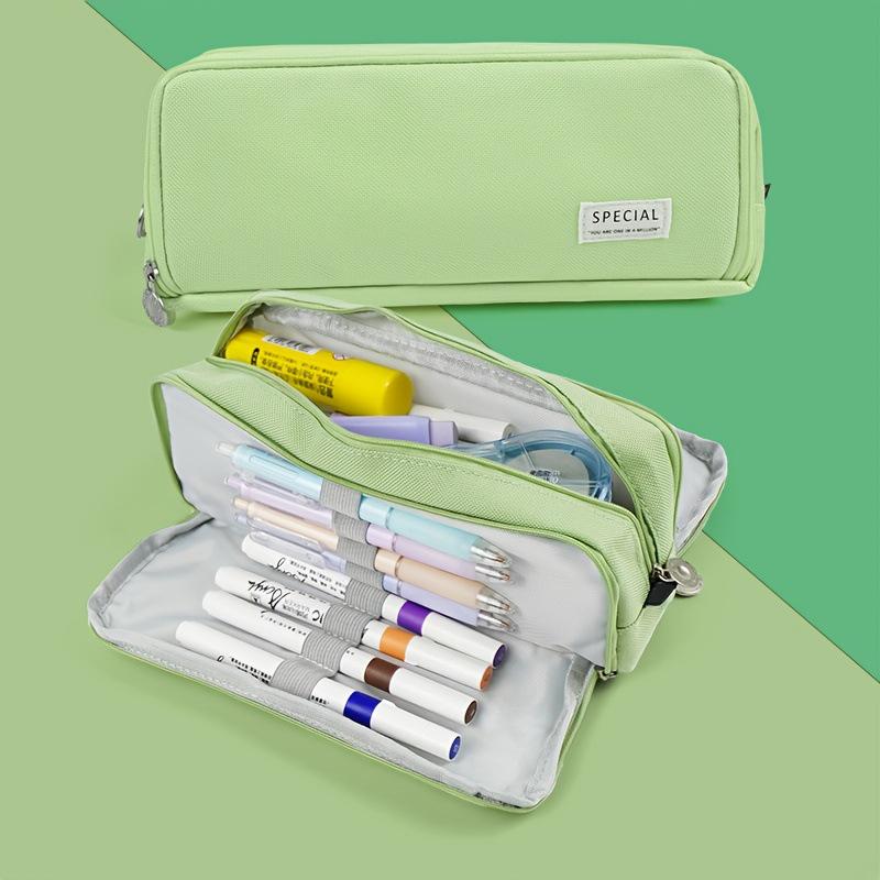 Macaron Color Double Zipper Large Capacity Pencil Bag - Dirt-Resistant Square Stationery Case for Students