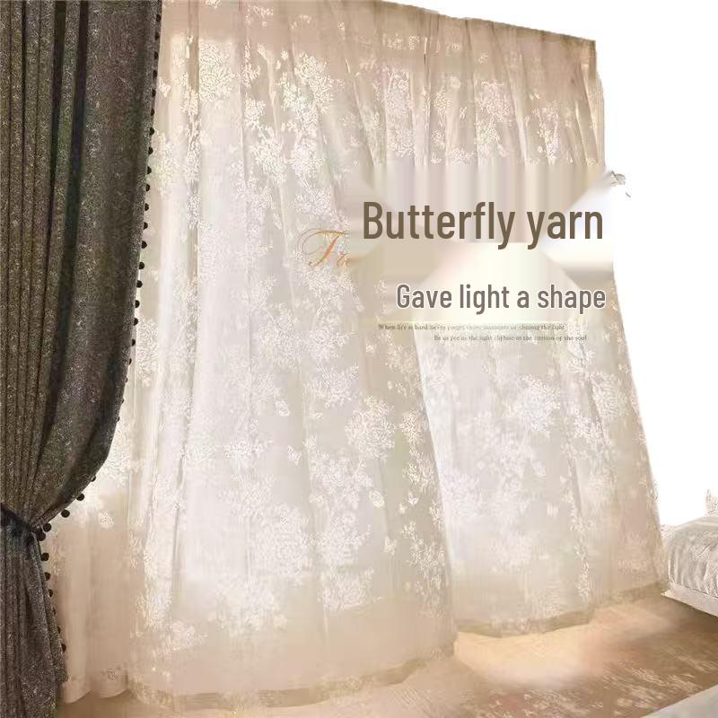 French Retro Lace Jacquard Blackout Curtains with Butterfly Design - Sheer White Style for Living Room & Bedroom