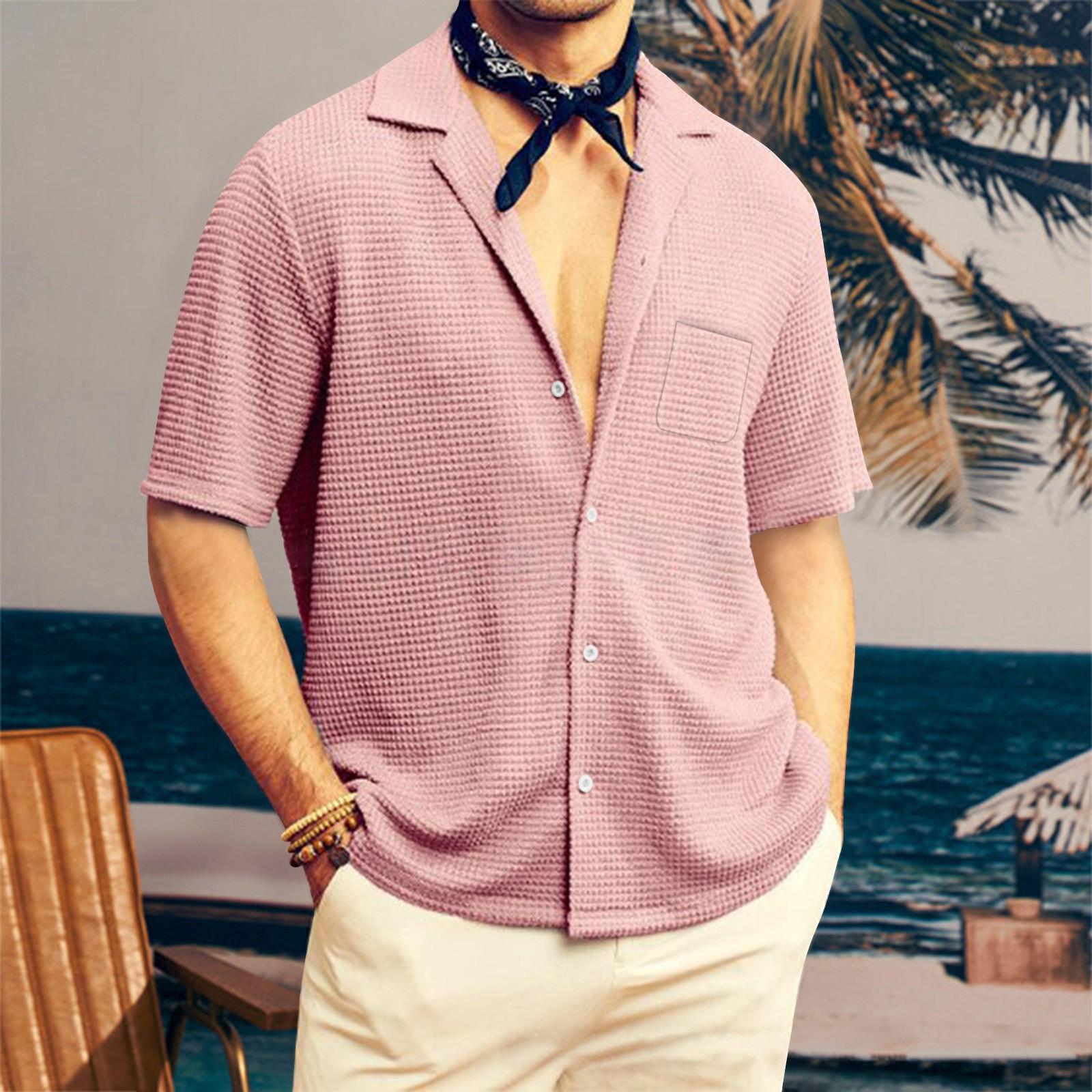 

Чоловіча гавайська сорочка, чоловіча вінтажна сорочка для боулінгу з коротким рукавом, літня пляжна сорочка XL рожевий