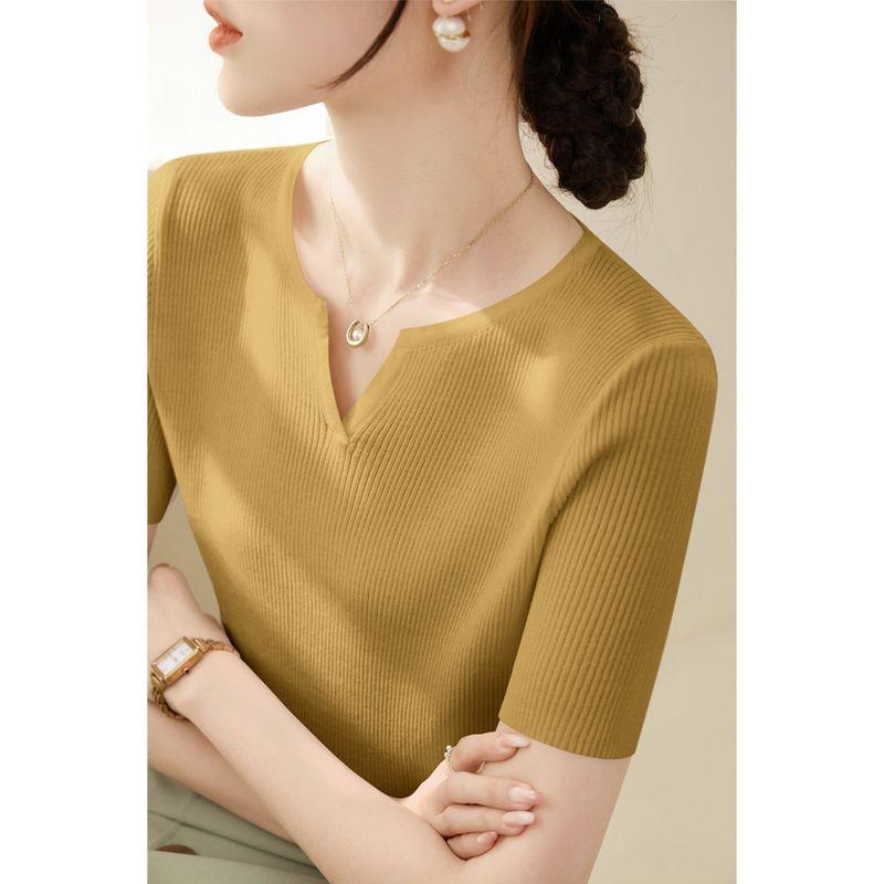 

Summer Short Sleeve Button Ice Silk Knitted Cardigan French Style V-neck Thin Design Sunken Stripe Loose Slim Looking Tops Women s Clothing Mustard yellow [260-High quality fabric]] L