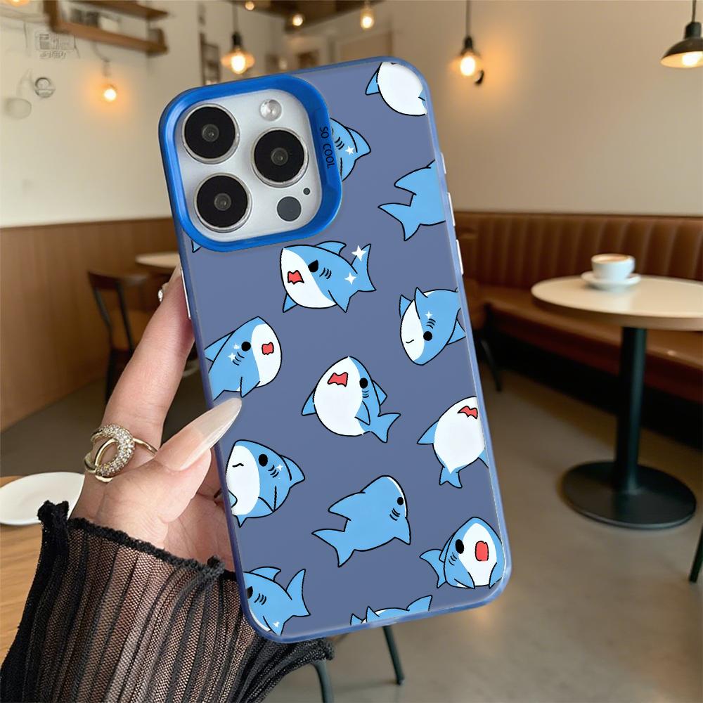 Cute Blue Cartoon Sharks Pattern Shockproof Phone Case for Iphone 16 15 14 13 12 11 Pro Max/Mini Anti-Scratch Premium Hard Cover