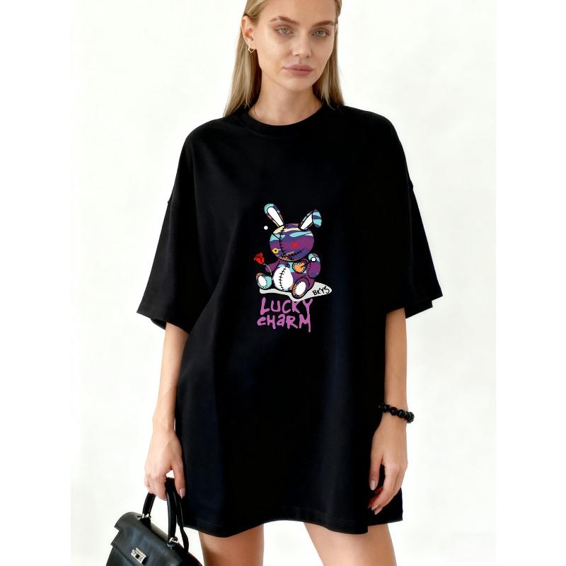 

Oversized T-Shirt Black Lucky Charm Bunny Graphic And Text Print Casual Streetwear Fashion For Women XXXXL чорний